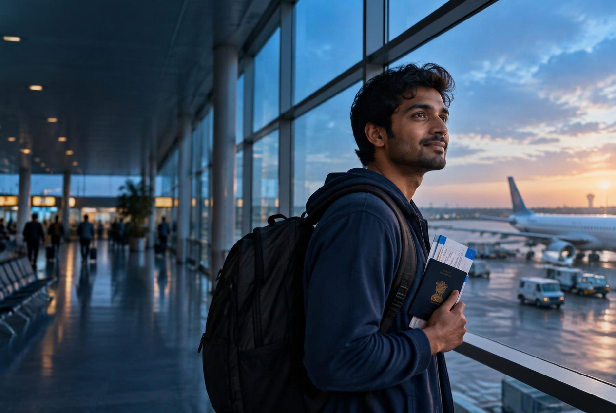 Indian graduate at an international airport with his passport and visa documents